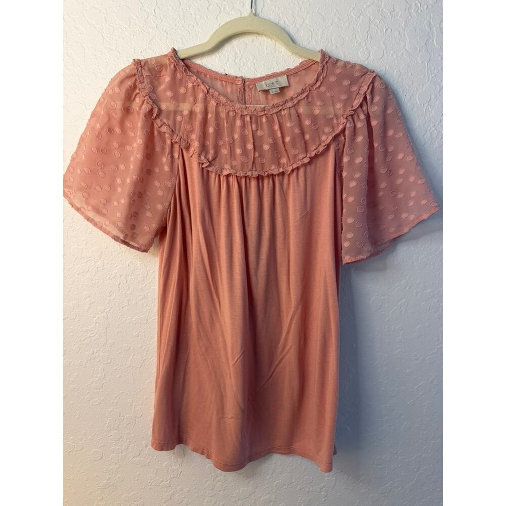 LOFT Outlet Blush Pink Clip Dot Chiffon Ruffle Neck Flutter Sleeve Top Size S